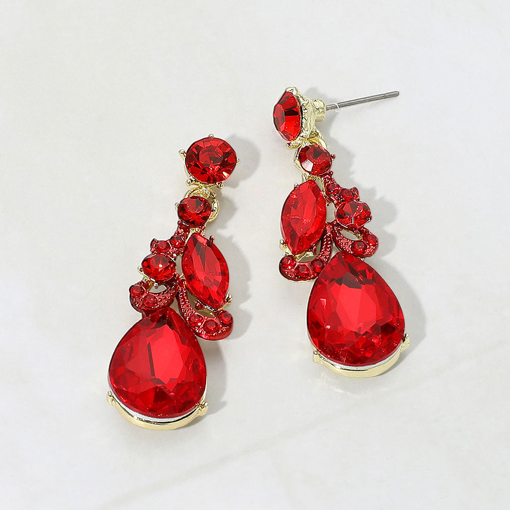 Madeline Love Gold, Red Teardrop Marquise Cluster Drop Evening Earrings