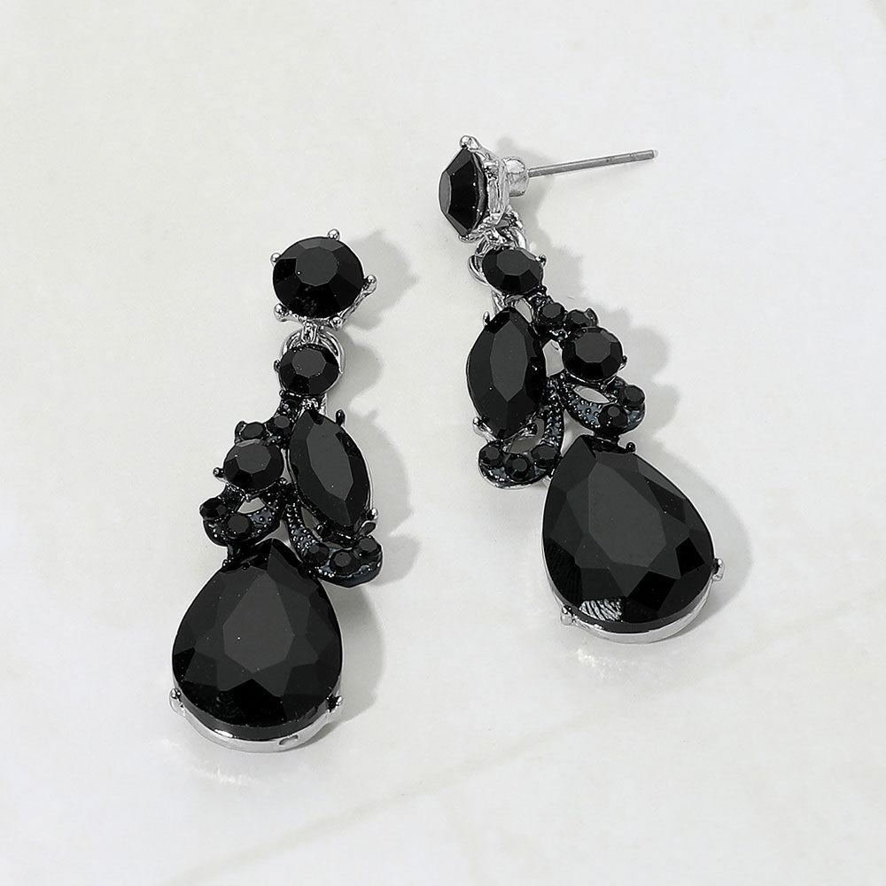 Madeline Love Black, Rhodium Teardrop Marquise Cluster Drop Evening Earrings