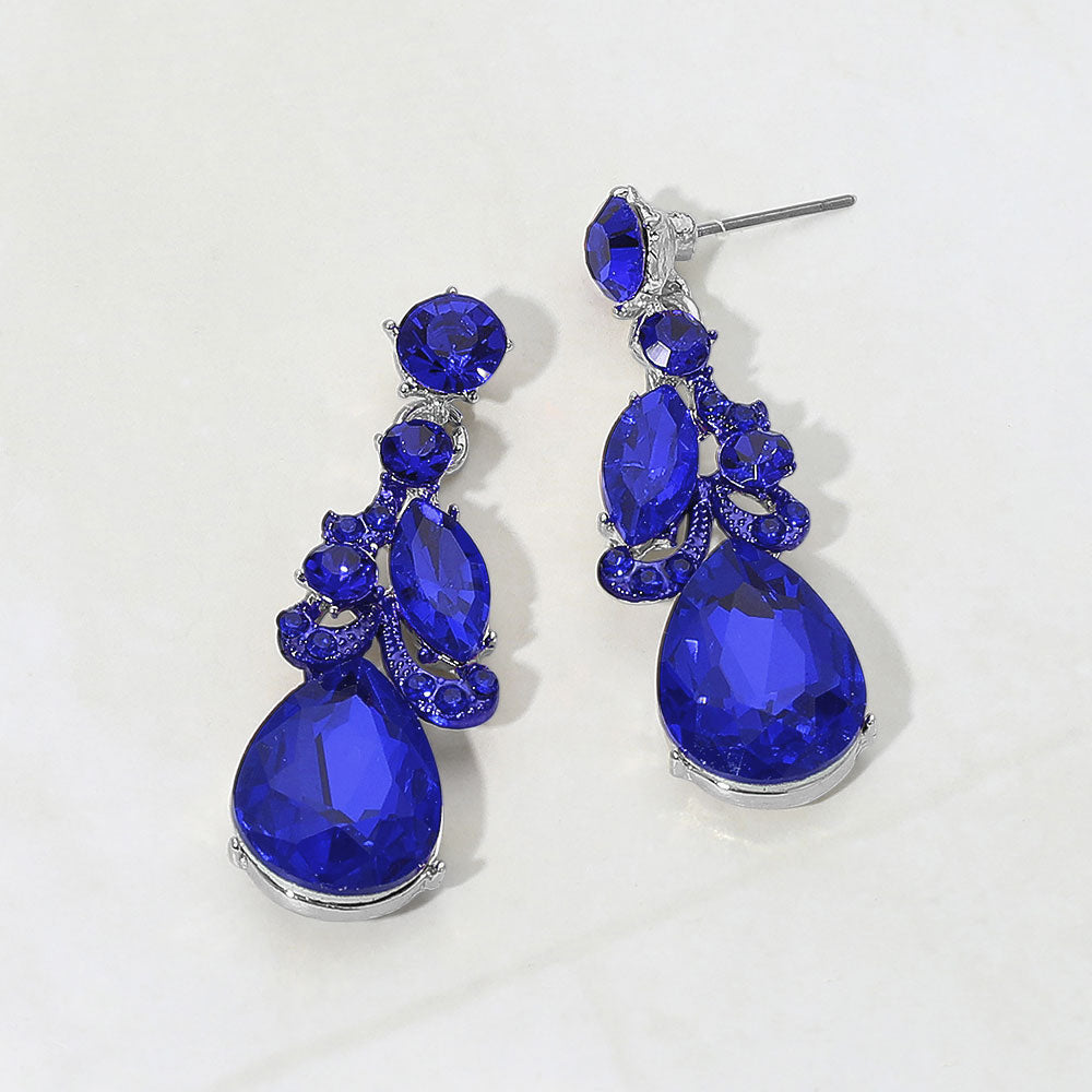 Madeline Love Rhodium, Sapphire Teardrop Marquise Cluster Drop Evening Earrings