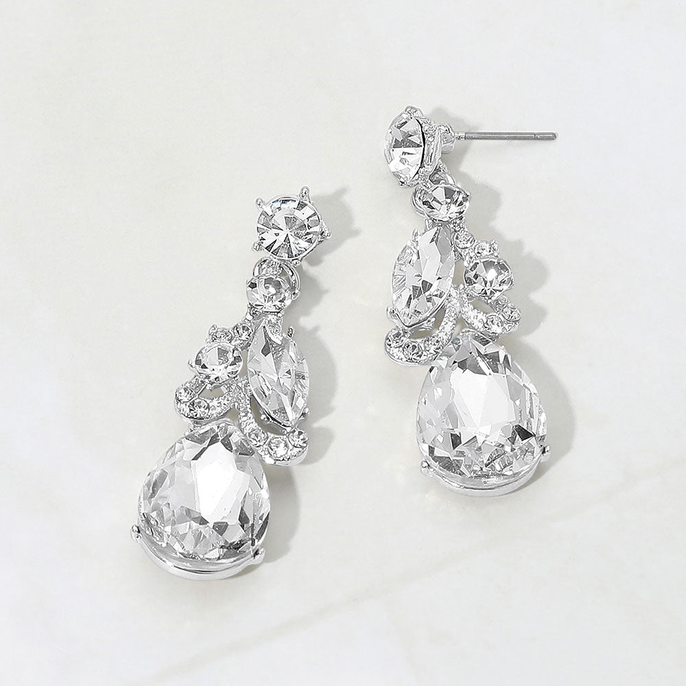 Madeline Love Clear, Silver Teardrop Marquise Cluster Drop Evening Earrings