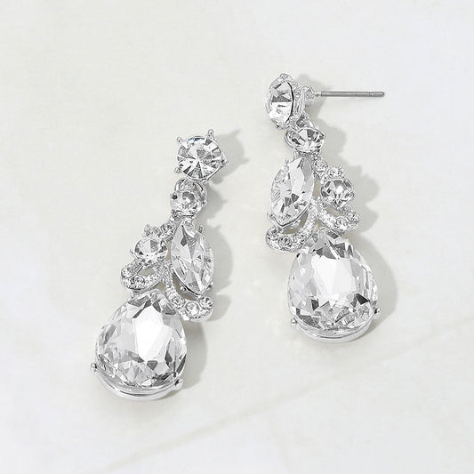 Madeline Love Clear, Silver Teardrop Marquise Cluster Drop Evening Earrings