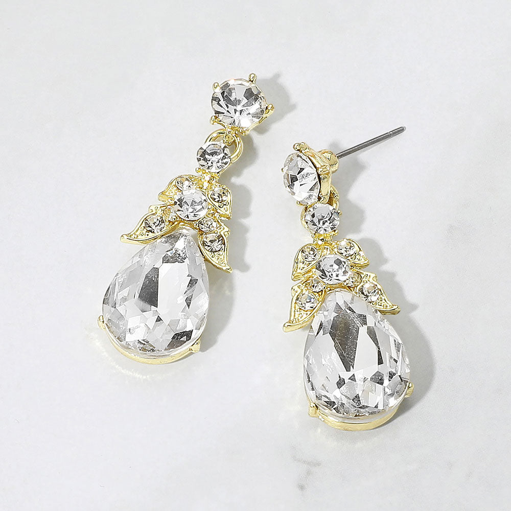 Madeline Love Clear, Gold Teardrop Gem Cluster Drop Dangle Evening Earrings