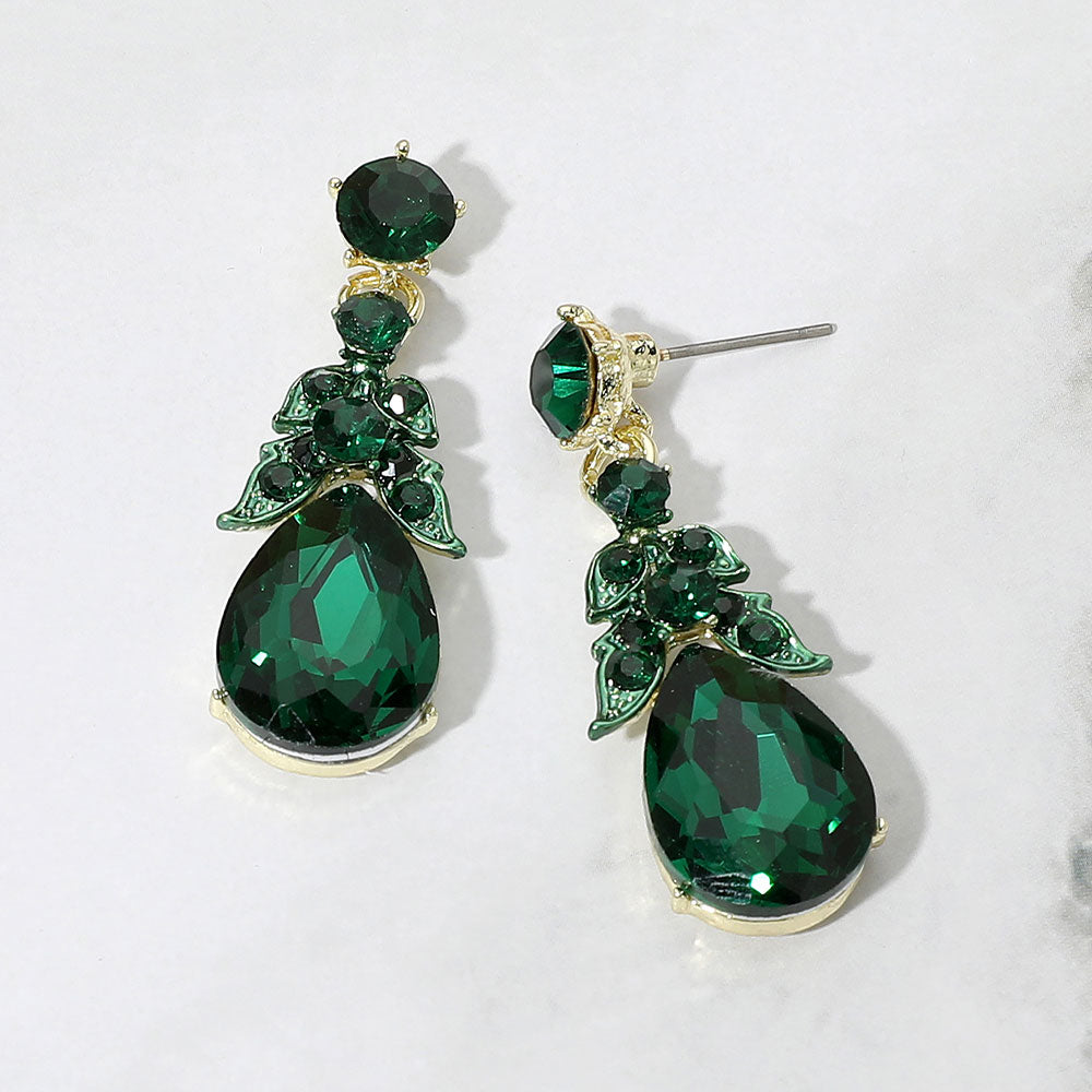 Madeline Love Emerald, Gold Teardrop Gem Cluster Drop Dangle Evening Earrings