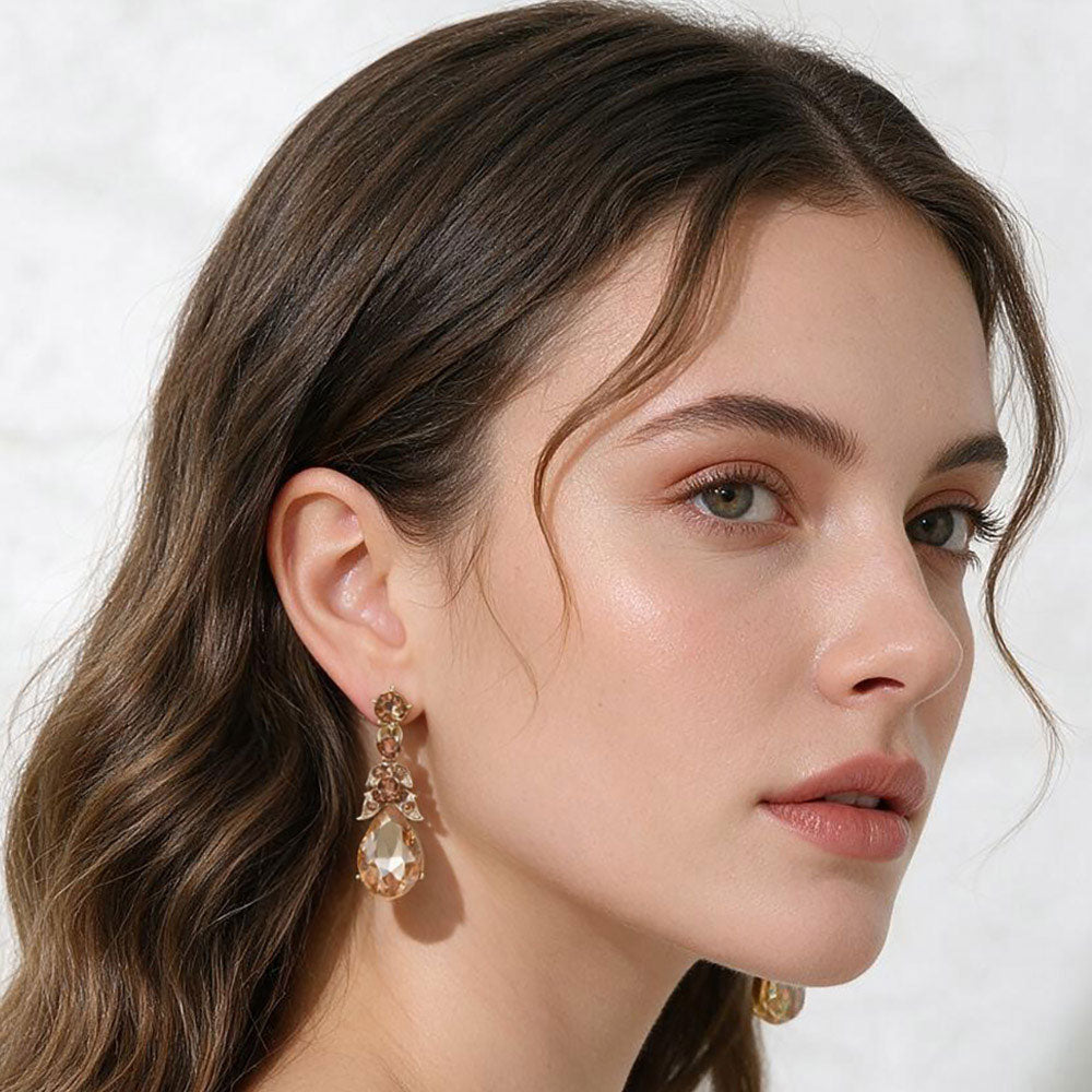 Madeline Love Gold, Lt Col Topaz Teardrop Gem Cluster Drop Dangle Evening Earrings