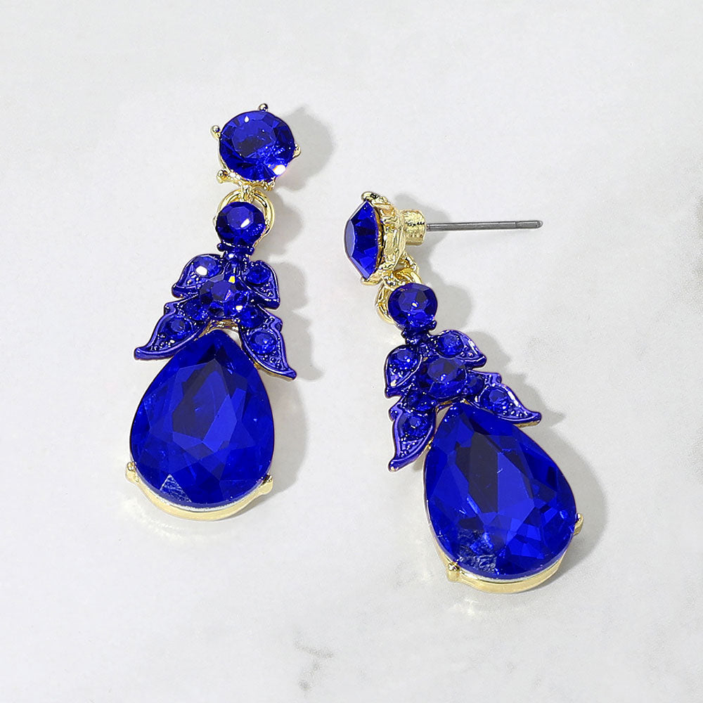 Madeline Love Gold, Sapphire Teardrop Gem Cluster Drop Dangle Evening Earrings
