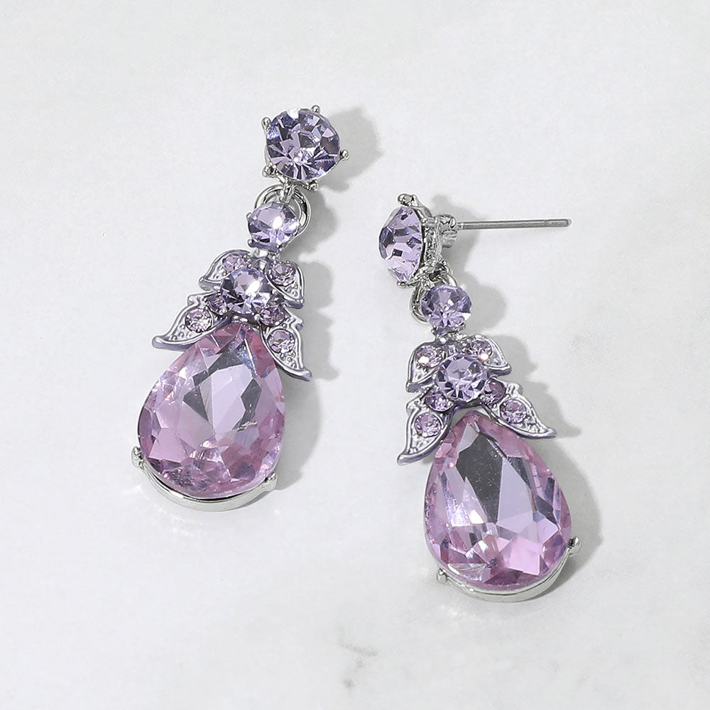 Madeline Love Amethyst , Rhodium Teardrop Gem Cluster Drop Dangle Evening Earrings