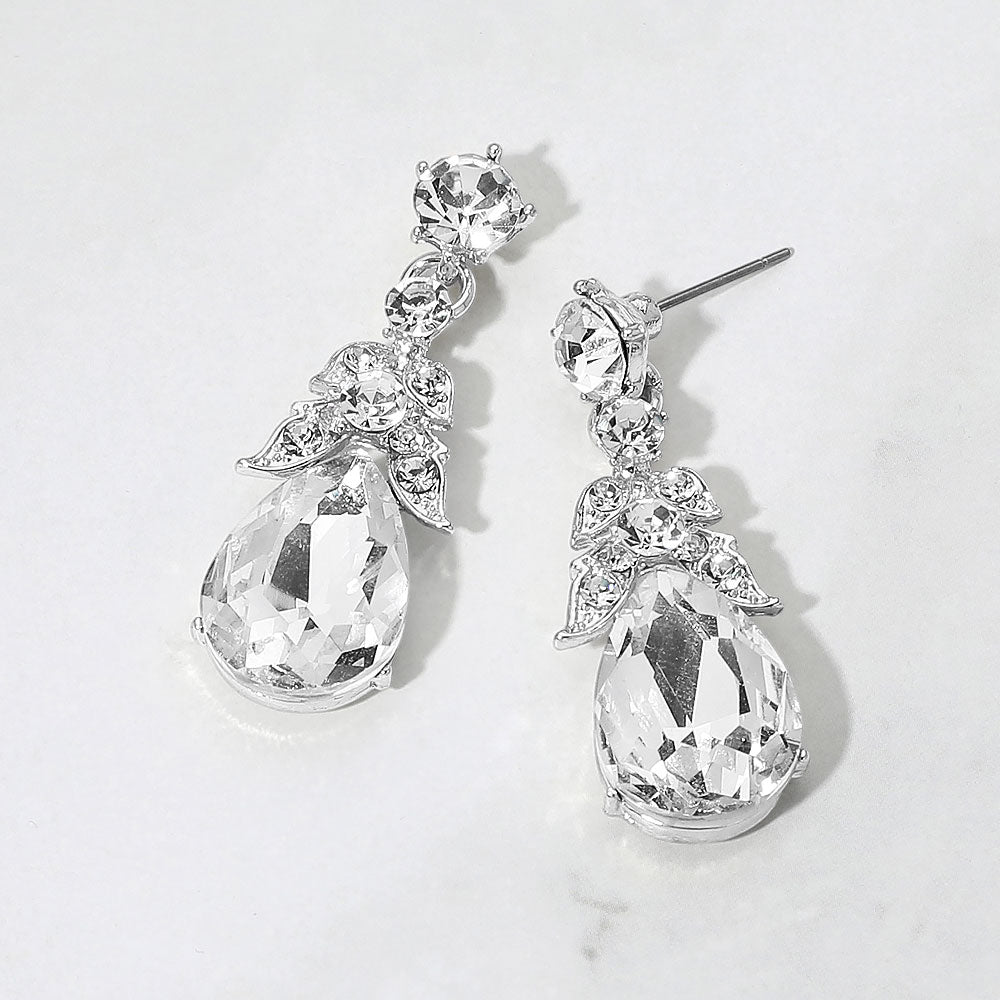 Madeline Love Clear, Silver Teardrop Gem Cluster Drop Dangle Evening Earrings