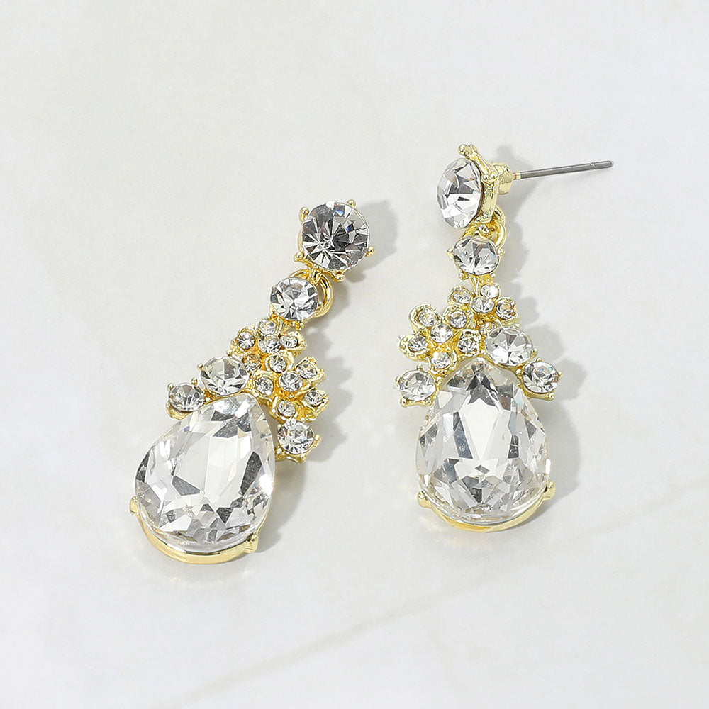 Madeline Love Clear, Gold Teardrop Cluster Drop Floral Evening Earrings