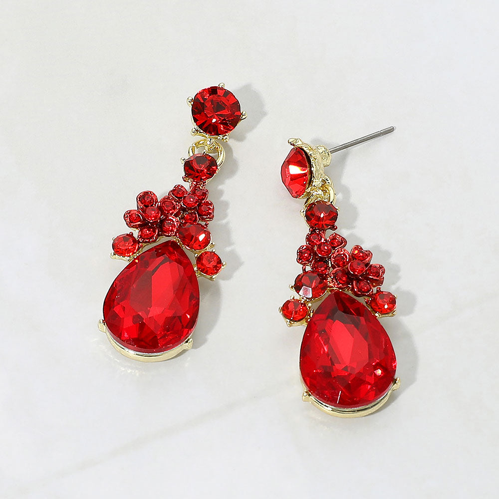 Madeline Love Gold, Red Teardrop Cluster Drop Floral Evening Earrings