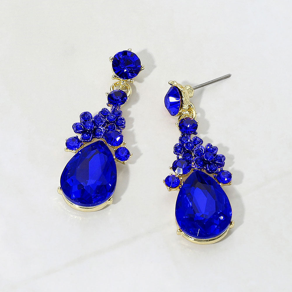 Madeline Love Gold, Sapphire Teardrop Cluster Drop Floral Evening Earrings