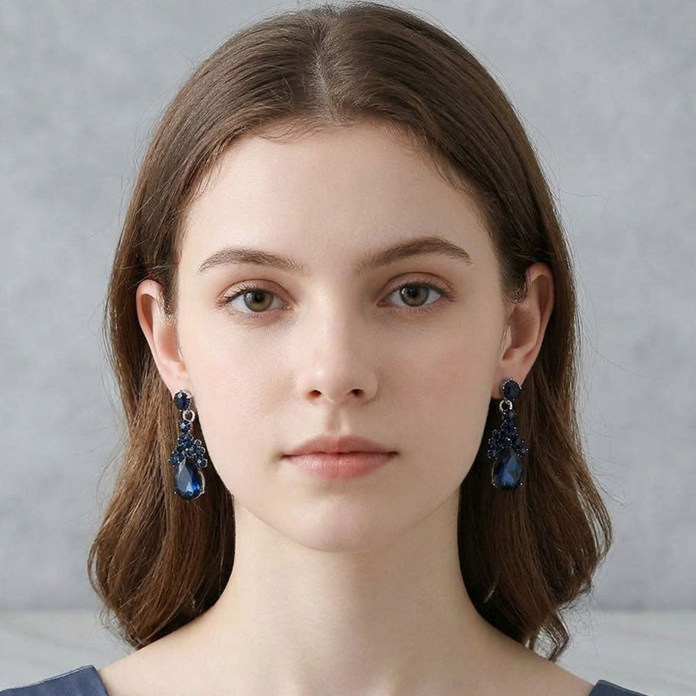 Madeline Love Montana Blue, Rhodium Teardrop Cluster Drop Floral Evening Earrings