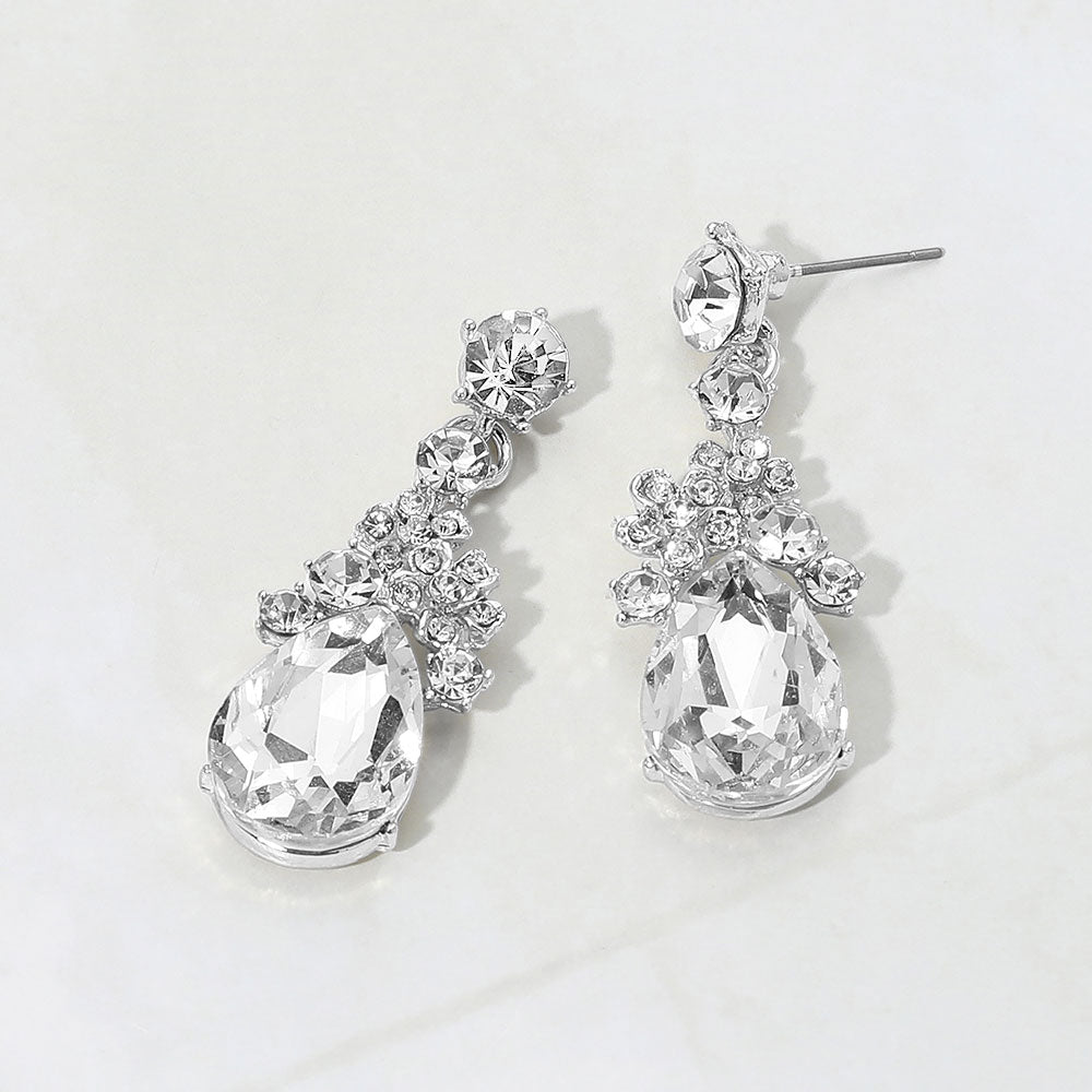 Madeline Love Clear, Silver Teardrop Cluster Drop Floral Evening Earrings