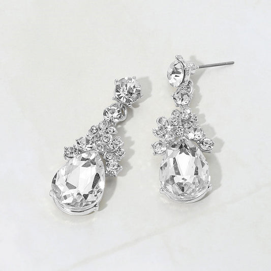 Madeline Love Clear, Silver Teardrop Cluster Drop Floral Evening Earrings