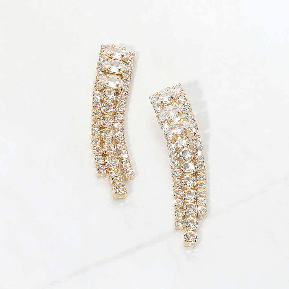 Madeline Love Clear, Gold Cascading Marquise Gem Rhinestone Fringe Drop Evening Earrings