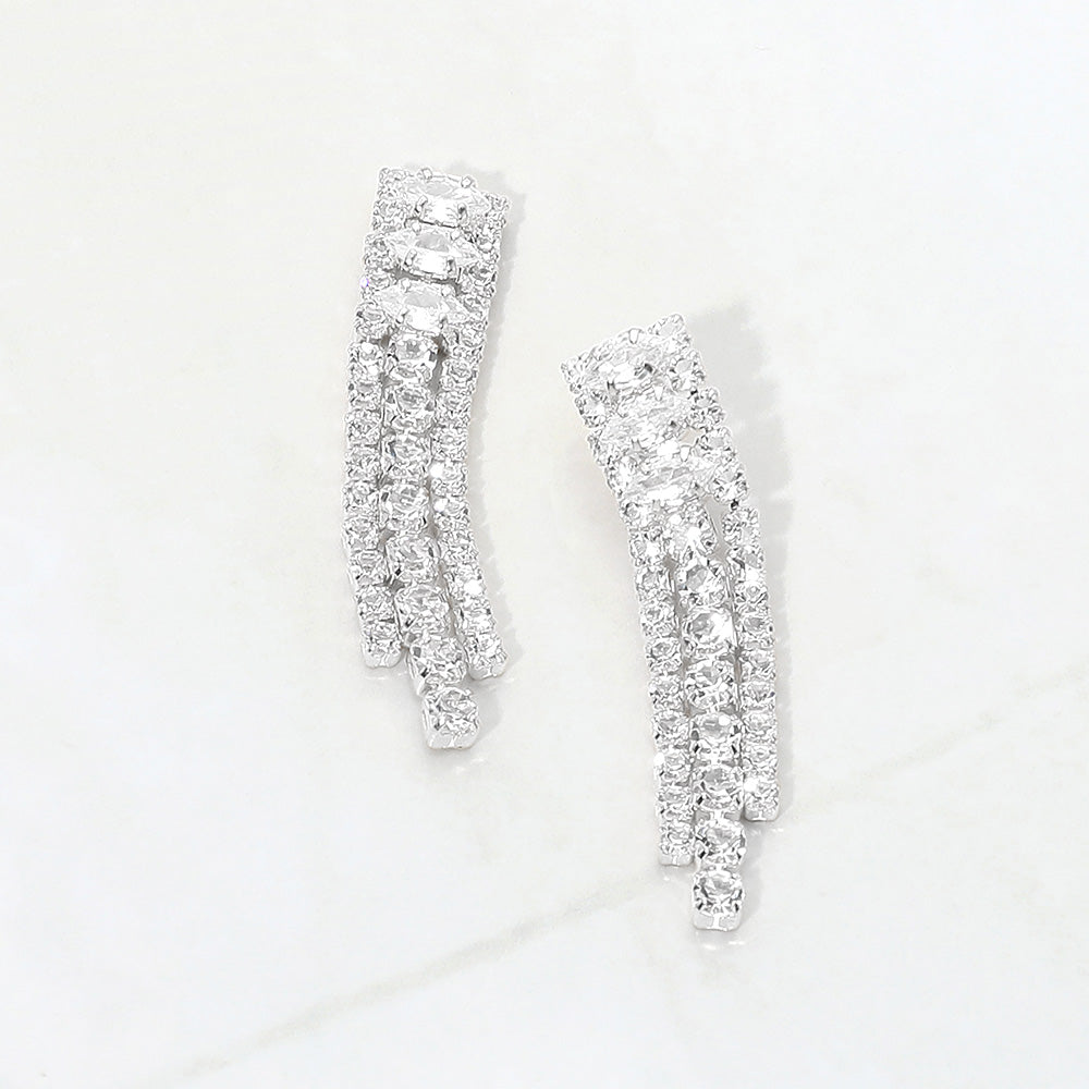 Madeline Love Clear, Silver Cascading Marquise Gem Rhinestone Fringe Drop Evening Earrings