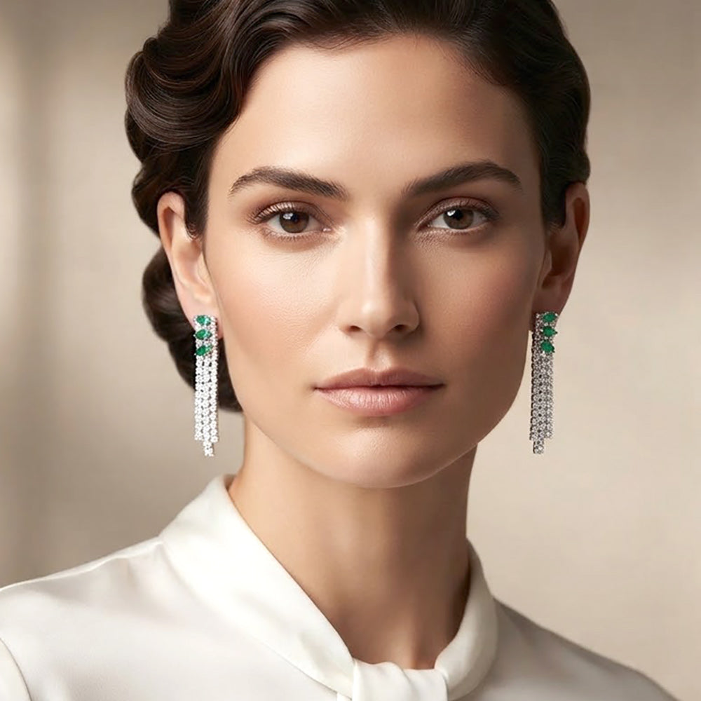 Madeline Love Emerald, Silver Cascading Marquise Gem Rhinestone Fringe Drop Evening Earrings