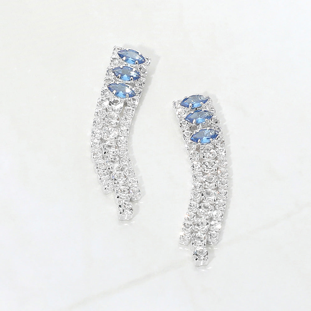 Madeline Love Sapphire, Silver Cascading Marquise Gem Rhinestone Fringe Drop Evening Earrings