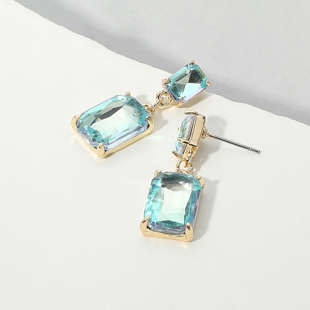 Madeline Love AB, Aqua Rectangular Glass Stone Cluster Dangle Evening Earrings