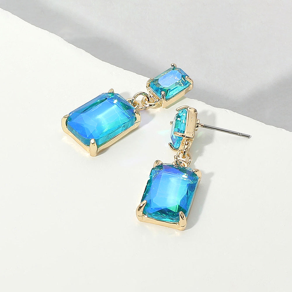 Madeline Love AB, Blue Rectangular Glass Stone Cluster Dangle Evening Earrings