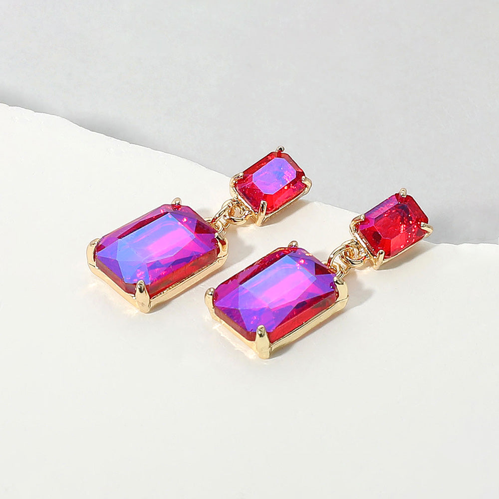 Madeline Love AB, Fuchsia Rectangular Glass Stone Cluster Dangle Evening Earrings