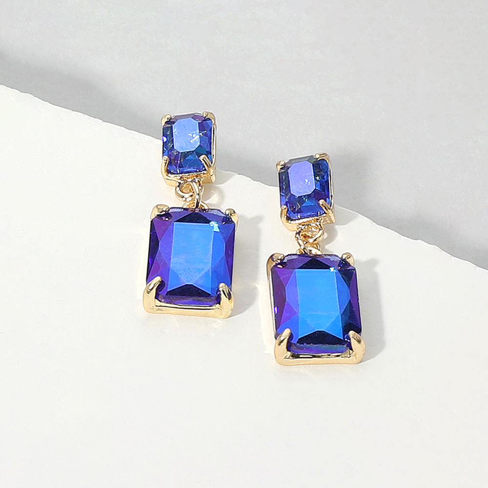 Madeline Love AB, Royal Blue Rectangular Glass Stone Cluster Dangle Evening Earrings