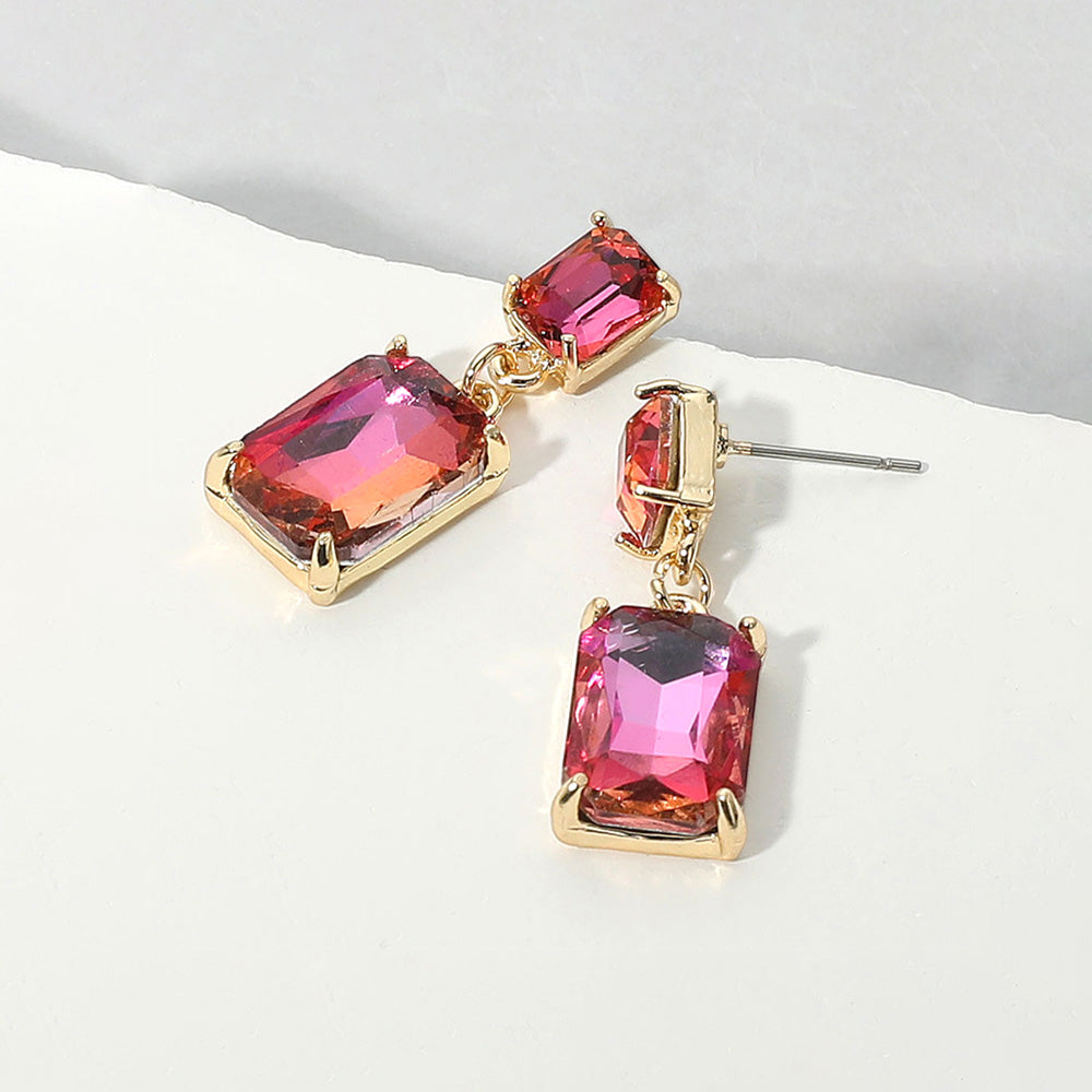 Madeline Love AB, Pink Rectangular Glass Stone Cluster Dangle Evening Earrings