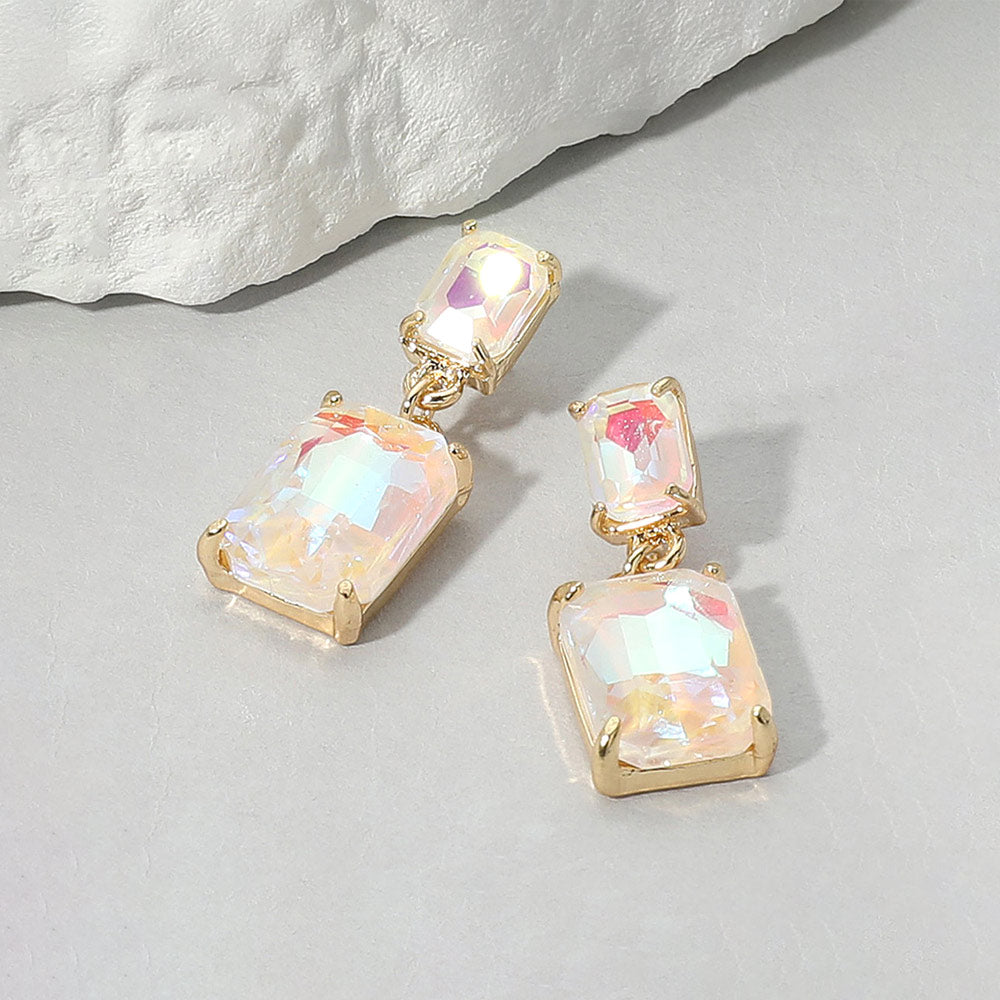 Madeline Love AB, White Rectangular Glass Stone Cluster Dangle Evening Earrings