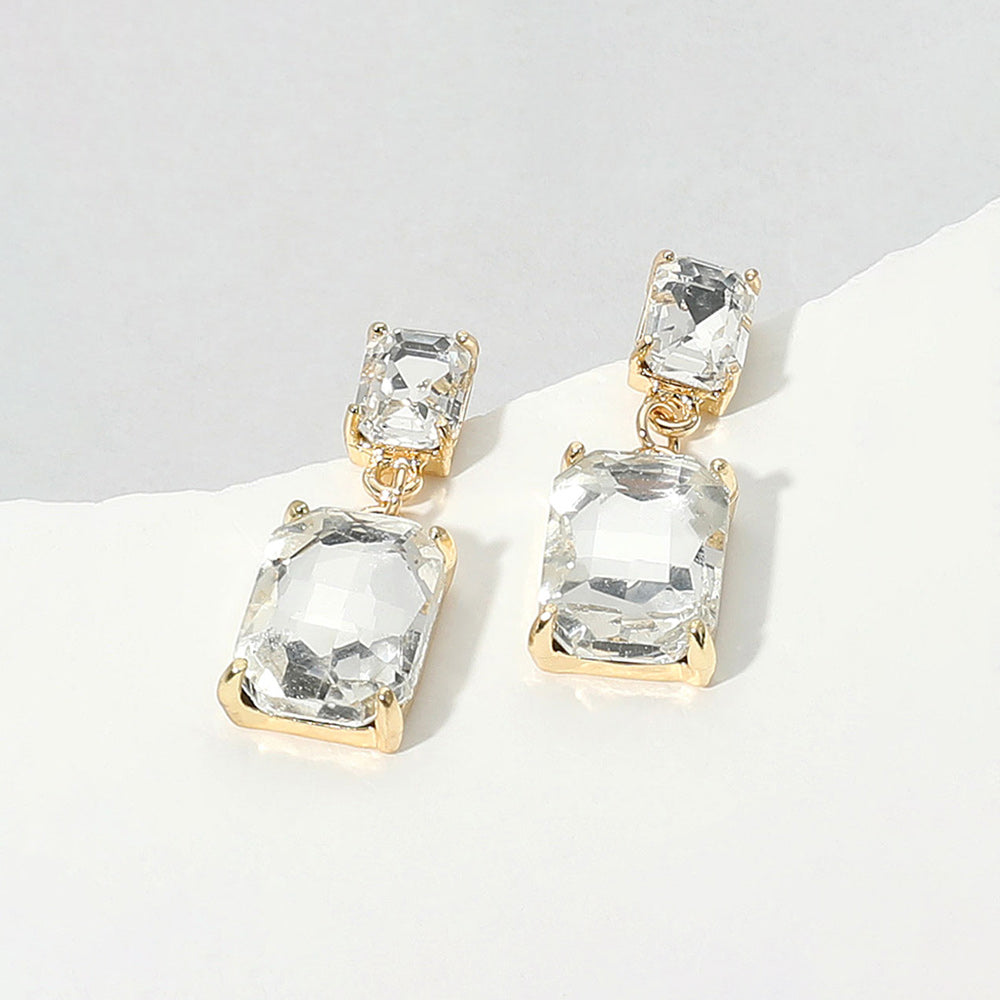 Madeline Love Clear, Gold Rectangular Glass Stone Cluster Dangle Evening Earrings