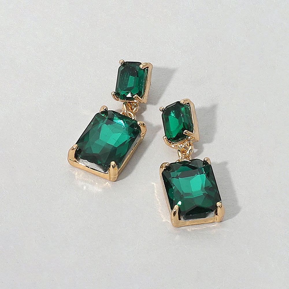 Madeline Love Emerald, Gold Rectangular Glass Stone Cluster Dangle Evening Earrings