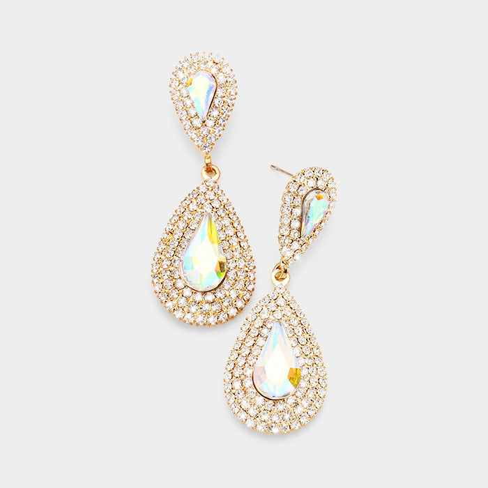 Madeline Love AB, Clear, Gold Rhinestone Trim Teardrop Stone Accented Evening Earrings