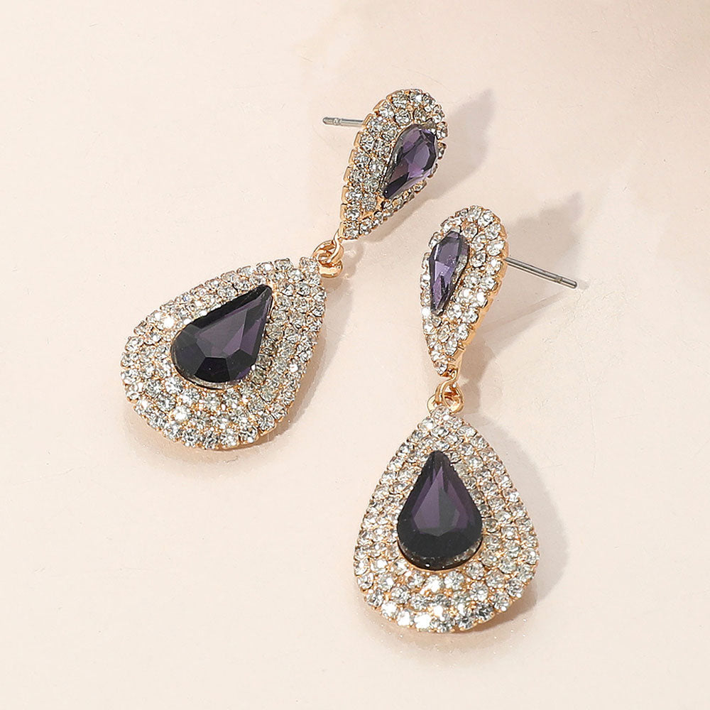 Madeline Love Amethyst , Clear, Gold Rhinestone Trim Teardrop Stone Accented Evening Earrings