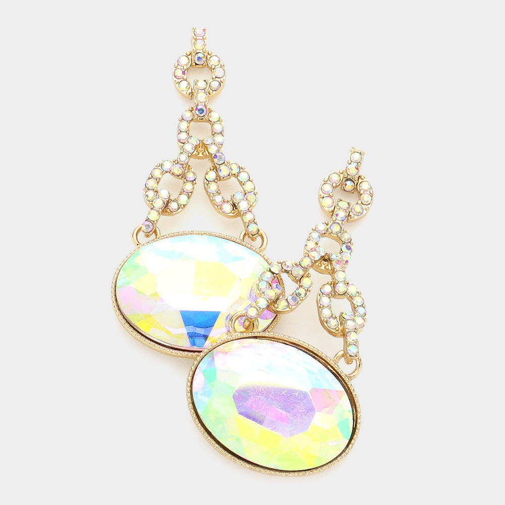 Madeline Love AB, Gold Oval Rhinestone Ornate Evening Earrings