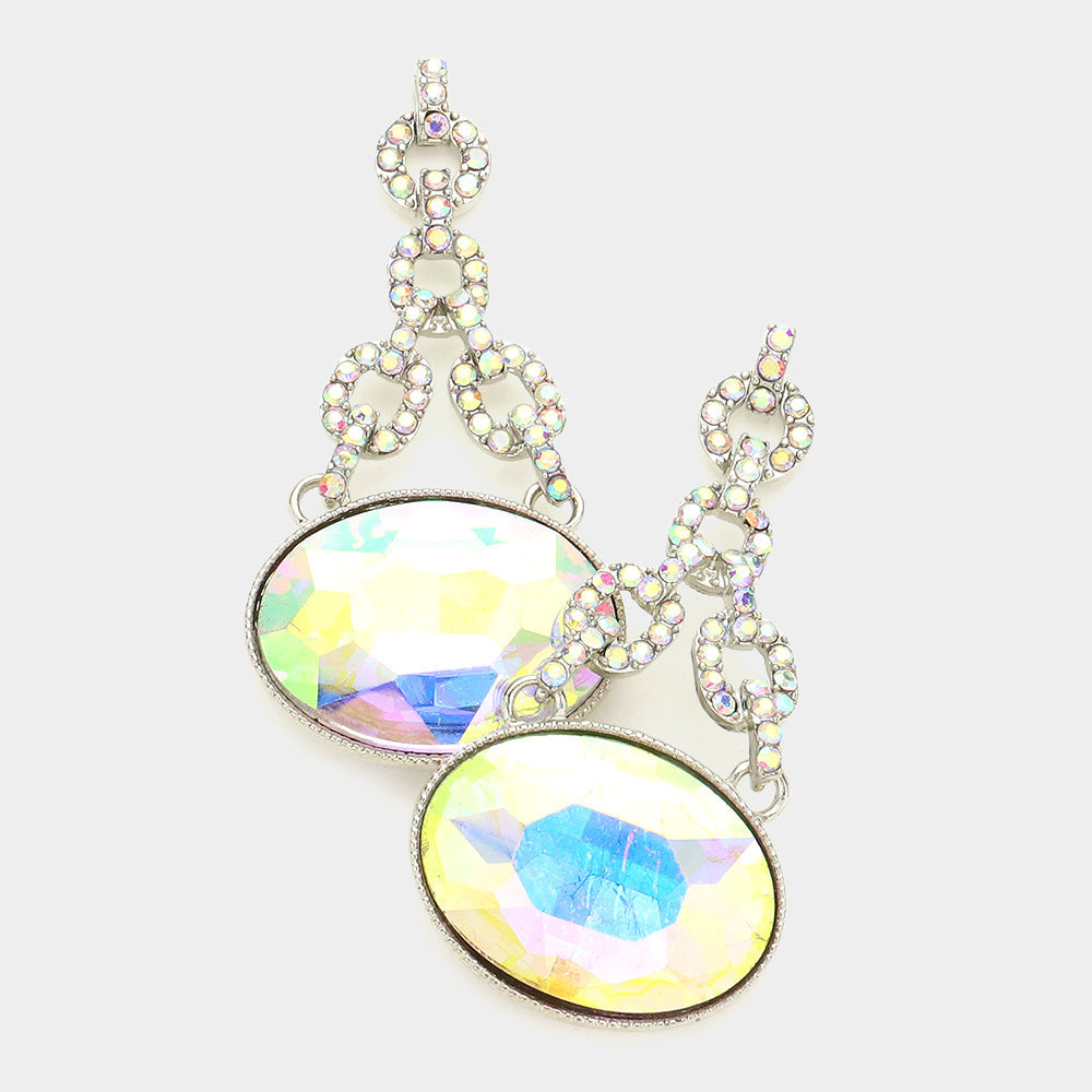 Madeline Love AB, Rhodium Oval Rhinestone Ornate Evening Earrings