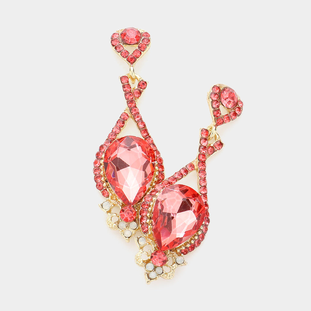 Madeline Love Coral Crystal rhinestone teardrop evening earrings