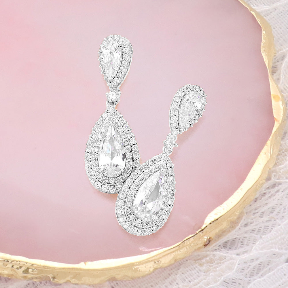 Madeline Love Rhodium CZ Double Teardrop Stone Link Dangle Evening Earrings