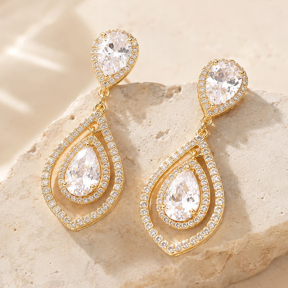 Madeline Love Gold CZ Teardrop Accented Link Dangle Evening Earrings