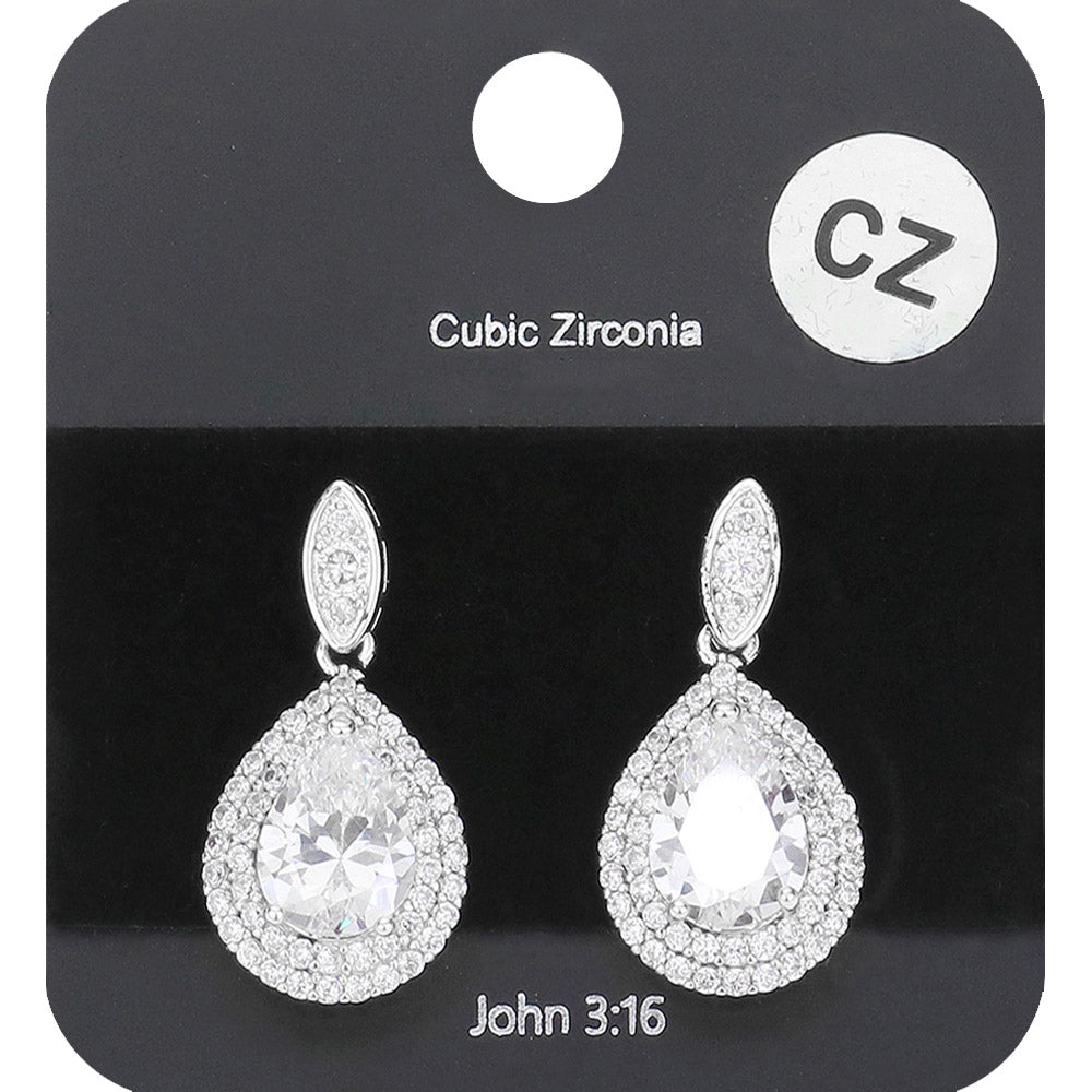 Madeline Love Clear, Rhodium CZ Teardrop Dangle Evening Earrings