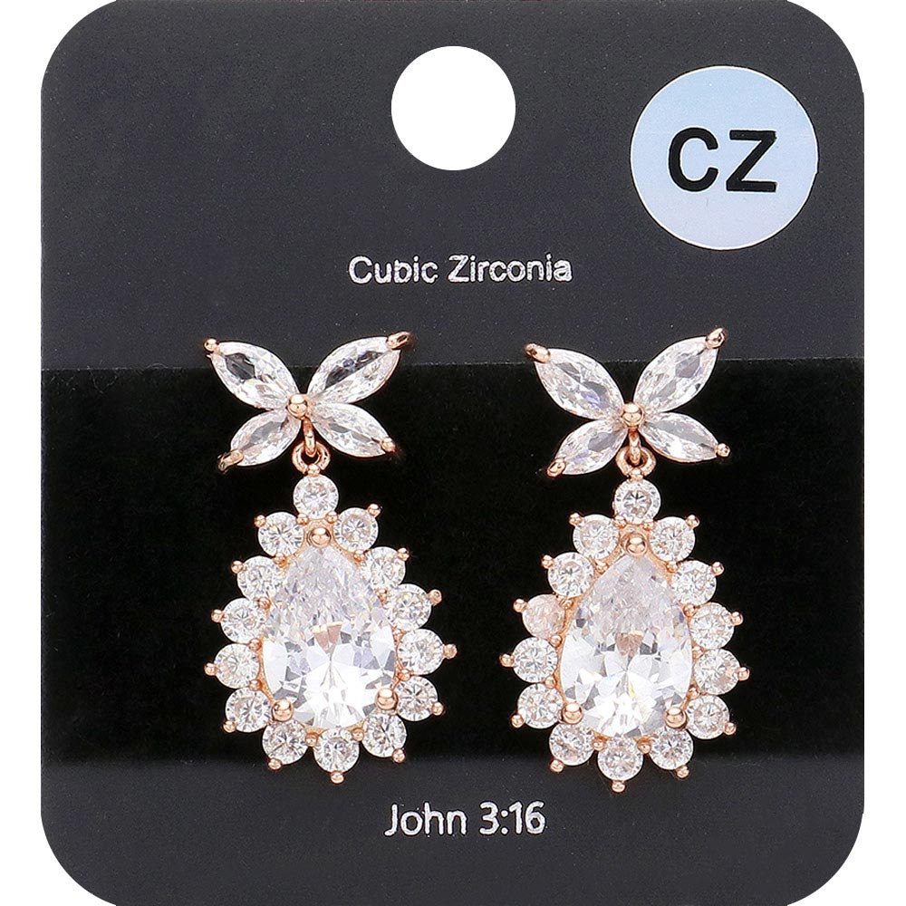 Madeline Love Clear, Rose Gold CZ Stone Butterfly Teardrop Dangle Evening Earrings