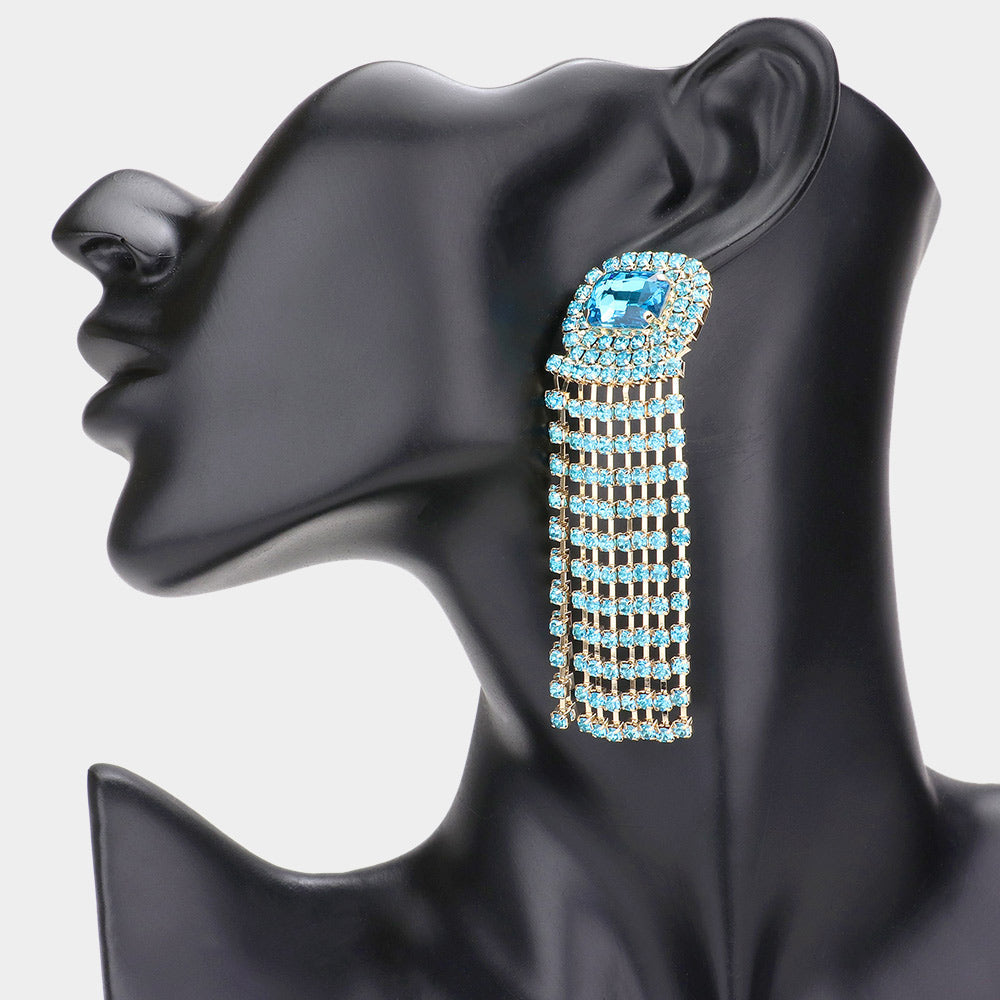 Madeline Love Aqua Emerald Cut Stone Accented Rhinestone Fringe Dangle Evening Earrings