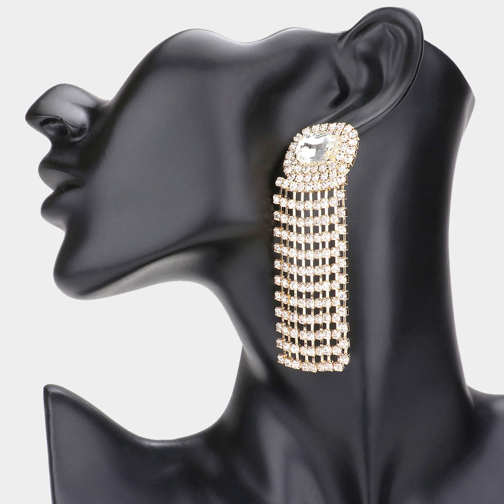 Madeline Love Gold Emerald Cut Stone Accented Rhinestone Fringe Dangle Evening Earrings