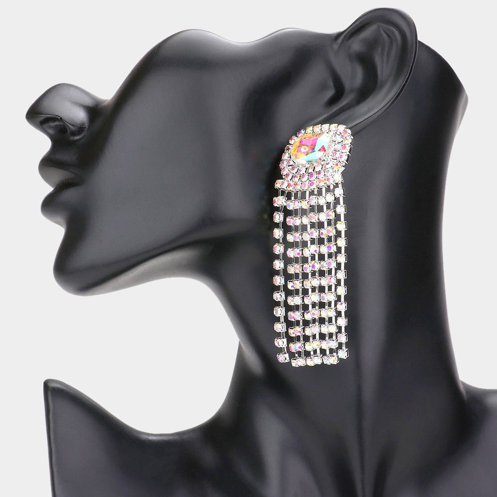 Madeline Love AB, Rhodium Emerald Cut Stone Accented Rhinestone Fringe Dangle Evening Earrings