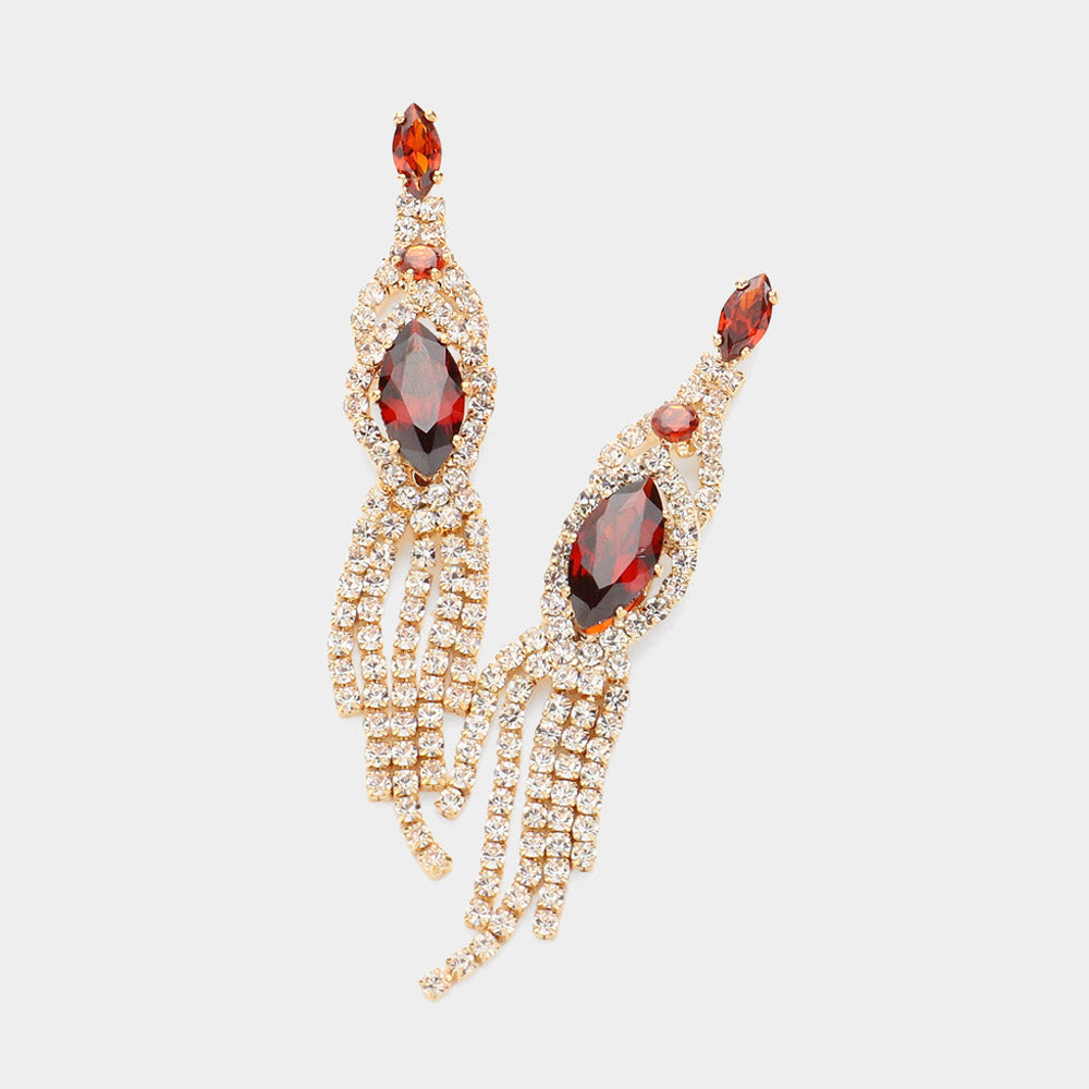 Madeline Love Gold, Siam Marquise CZ Stone Pointed Stone Paved Fringe Evening Earrings