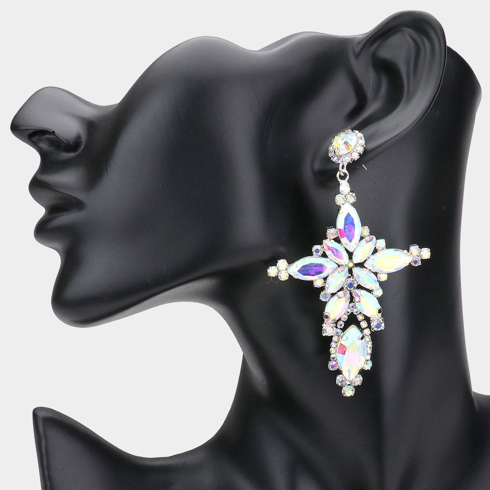 Madeline Love AB, Silver Marquise Stone Cluster Cross Dangle Evening Earrings