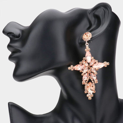 Madeline Love Peach Marquise Stone Cluster Cross Dangle Evening Earrings