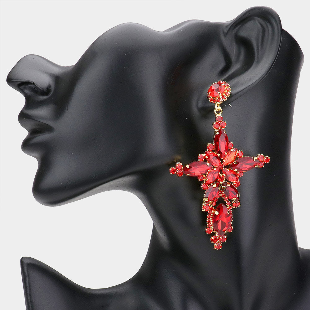 Madeline Love Red Marquise Stone Cluster Cross Dangle Evening Earrings
