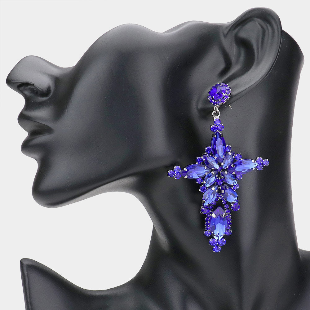 Madeline Love Royal Blue Marquise Stone Cluster Cross Dangle Evening Earrings