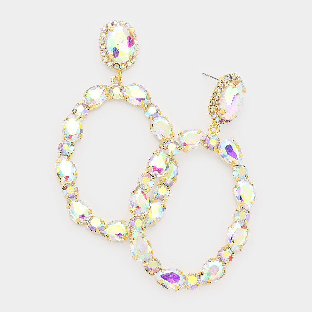 Madeline Love AB, Gold Teardrop Crystal Statement Open Circle Evening Earrings