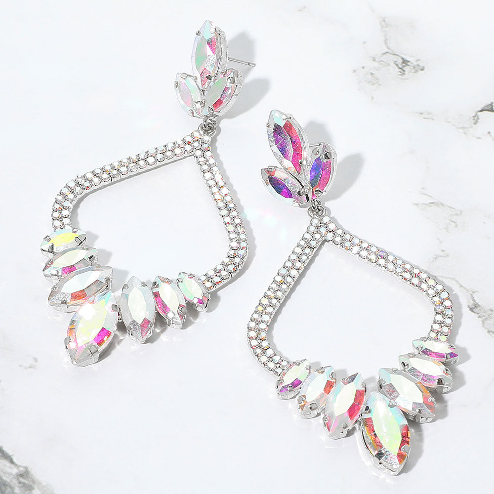 Madeline Love AB, Silver Marquise Stone Cluster Embellished Rhinestone Paved Open Chandelier Dangle Evening Earrings