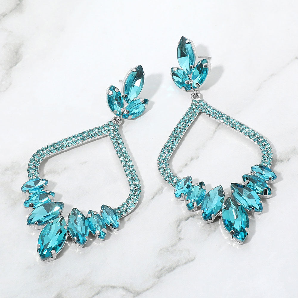Madeline Love Aqua Marquise Stone Cluster Embellished Rhinestone Paved Open Chandelier Dangle Evening Earrings