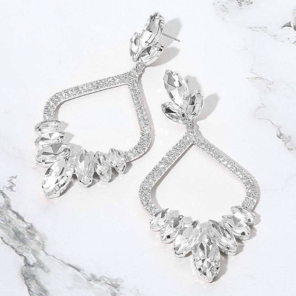 Madeline Love Clear, Silver Marquise Stone Cluster Embellished Rhinestone Paved Open Chandelier Dangle Evening Earrings